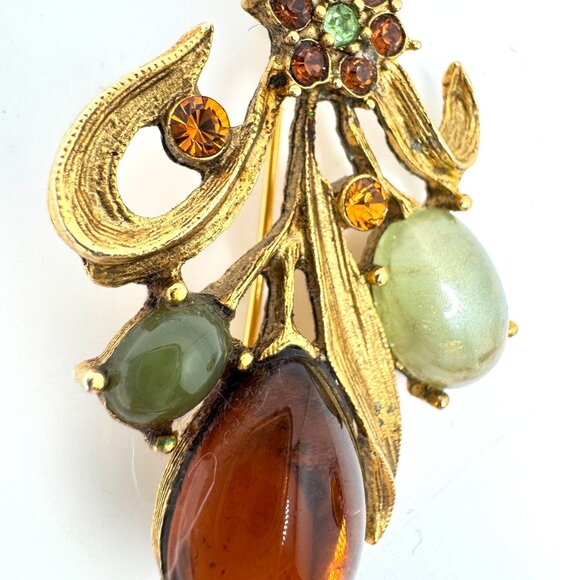Floral Bouquet Brooch Amber Jade Glass Cabochons Gold Tone Rhinestone Flower Vtg - Picture 6 of 10